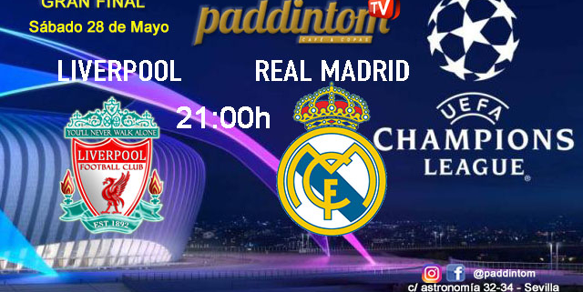 Champions League 2022. GRAN FINAL. Sábado 28 de Mayo, Liverpool - Real Madrid a las 21.00h. Disfruta de nuestra promoción de tu copa de J&B con tu grupo de amigos en nuestras pantallas de TV en Paddintom Café & Copas